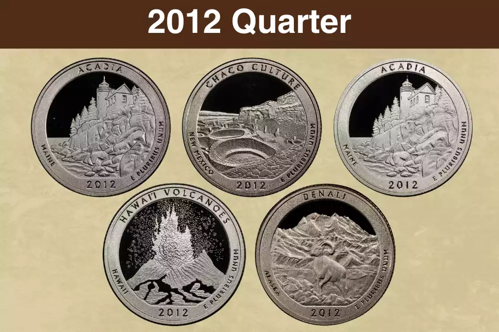 2012 America the Beautiful quarter obverse and reverse showing Washington portrait and park design