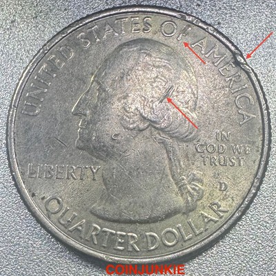 2012 Acadia quarter rim CUD error showing raised blob of extra metal along the coin rim caused by die collar breakage