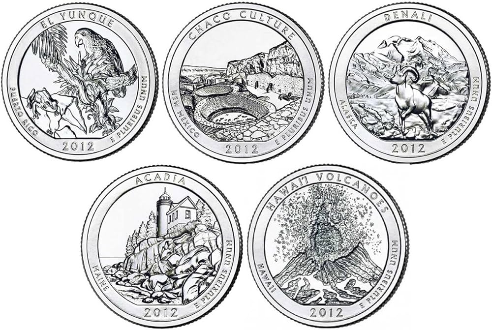 Grading strip showing 2012 America the Beautiful quarter in four conditions: worn circulated, about uncirculated, MS-63 uncirculated, and MS-66 gem